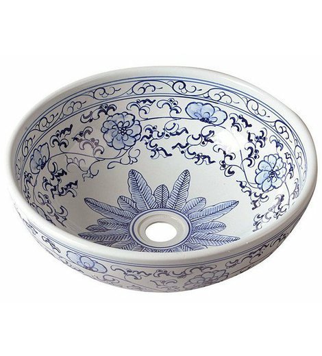 PRIORI keramické umyvadlo na desku, Ø 41 cm, bílá s modrým vzorem