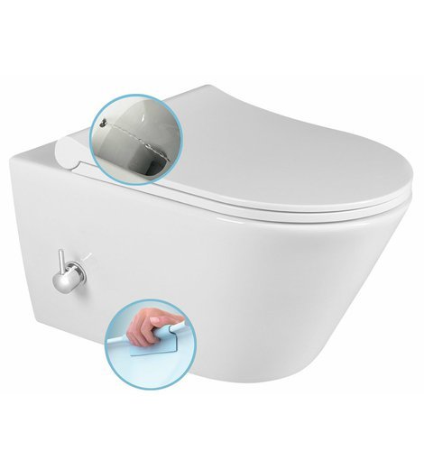 AVVA CLEANWASH závěsná WC mísa, Rimless, integrovaná baterie a bidet. sprška, 35,5x53cm, bílá
