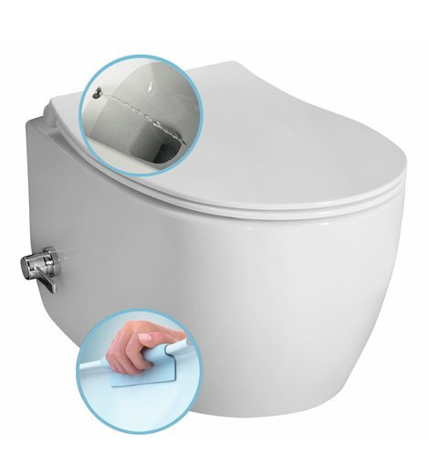 SENTIMENTI CLEANWASH závěsná WC mísa, Rimless, integrovaný ventil a bidet. sprška, 36x51cm, bílá