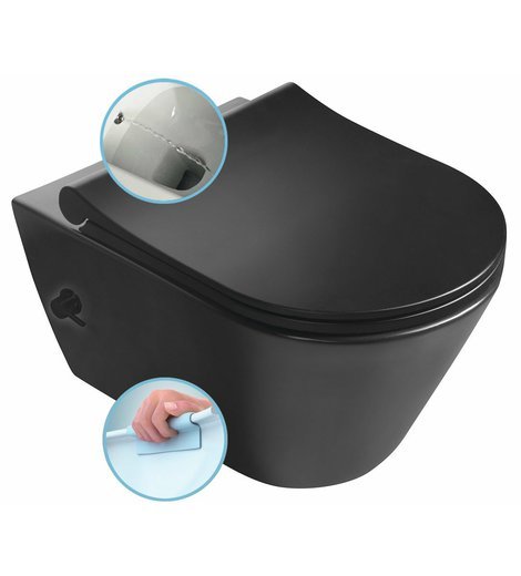 AVVA CLEANWASH závěsná WC mísa, Rimless, integrovaná baterie a bidet. sprška, 35,5x53cm, černá mat