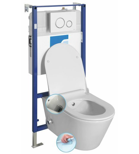 Závěsné WC AVVA CLEANWASH , integr. baterie a bidet. sprška s podomítkovou nádržkou a tlačítkem Schwab, bílá