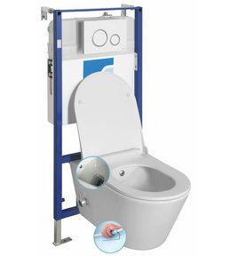 Závěsné WC AVVA CLEANWASH , integr. baterie a bidet. sprška s podomítkovou nádržkou a tlačítkem Schwab, bílá 100315-SET5